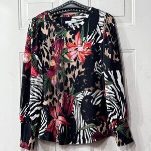 Chico's Sz 2 (L) Women's Knit Top Blouse Long Sleeve Multicolor Floral/Animal